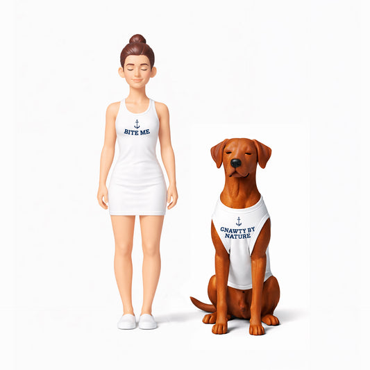 Figurine of a woman and dog wearing matching outfits with text on a white background