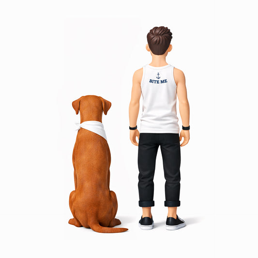 Figurine of a person wearing a tank top with text and a dog sitting on a white background