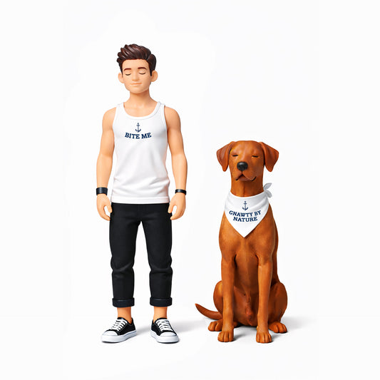 Action figure of a person and a dog with matching outfits on a white background