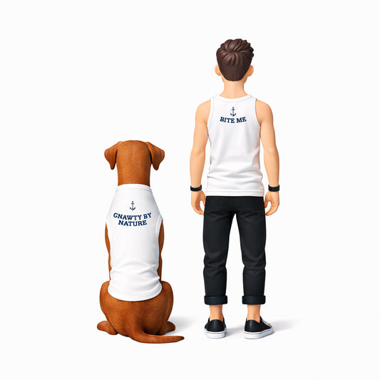 Figurine of a person and a dog wearing shirts with text on a white background