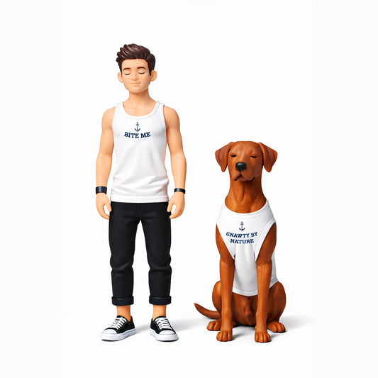Figurine of a person and a dog wearing matching shirts on a white background