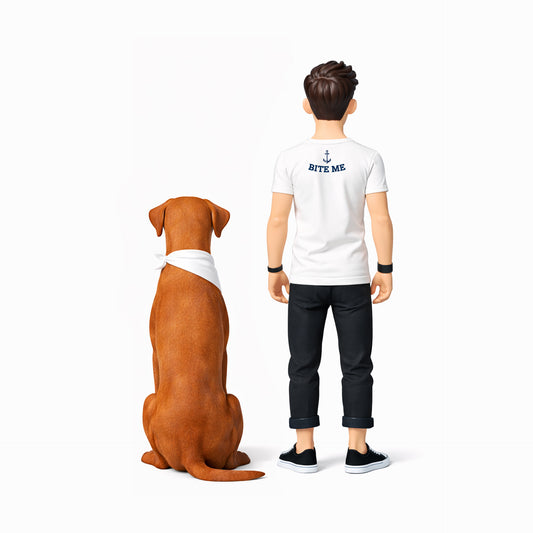 Mannequin with a dog wearing t-shirts with text on a white background
