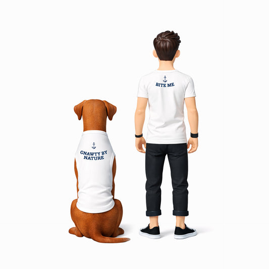 Dog and person wearing white t-shirts with text on a white background