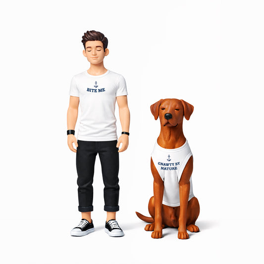 Figurine of a person and a dog wearing matching shirts on a white background