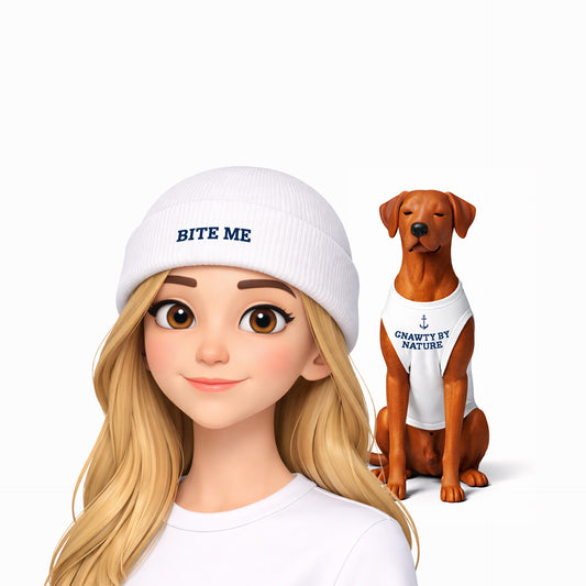 Animated character wearing a 'Bite Me' beanie with a dog wearing a 'Gnawty by Nature' shirt on a white background.