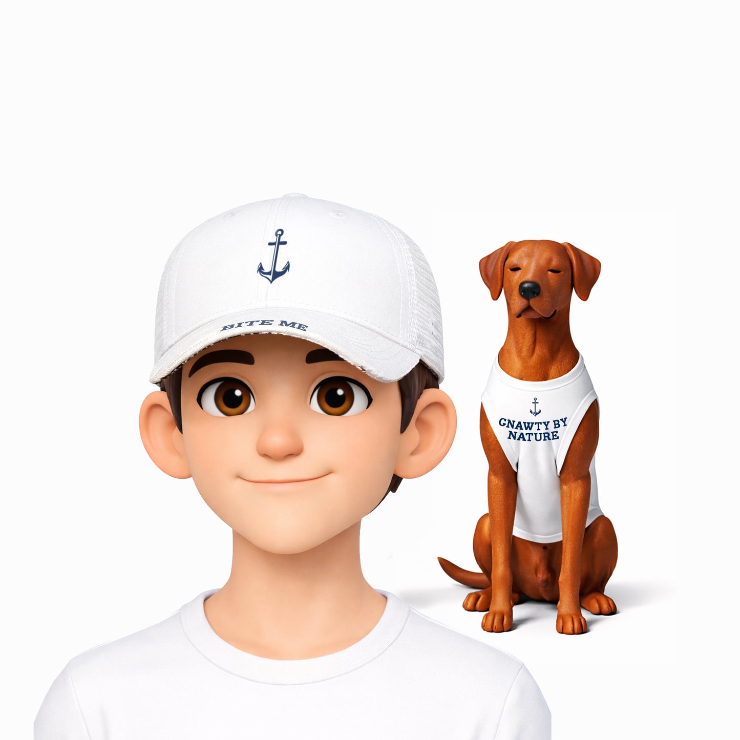 Figurine of a boy wearing a cap and a dog wearing a shirt with text on a white background